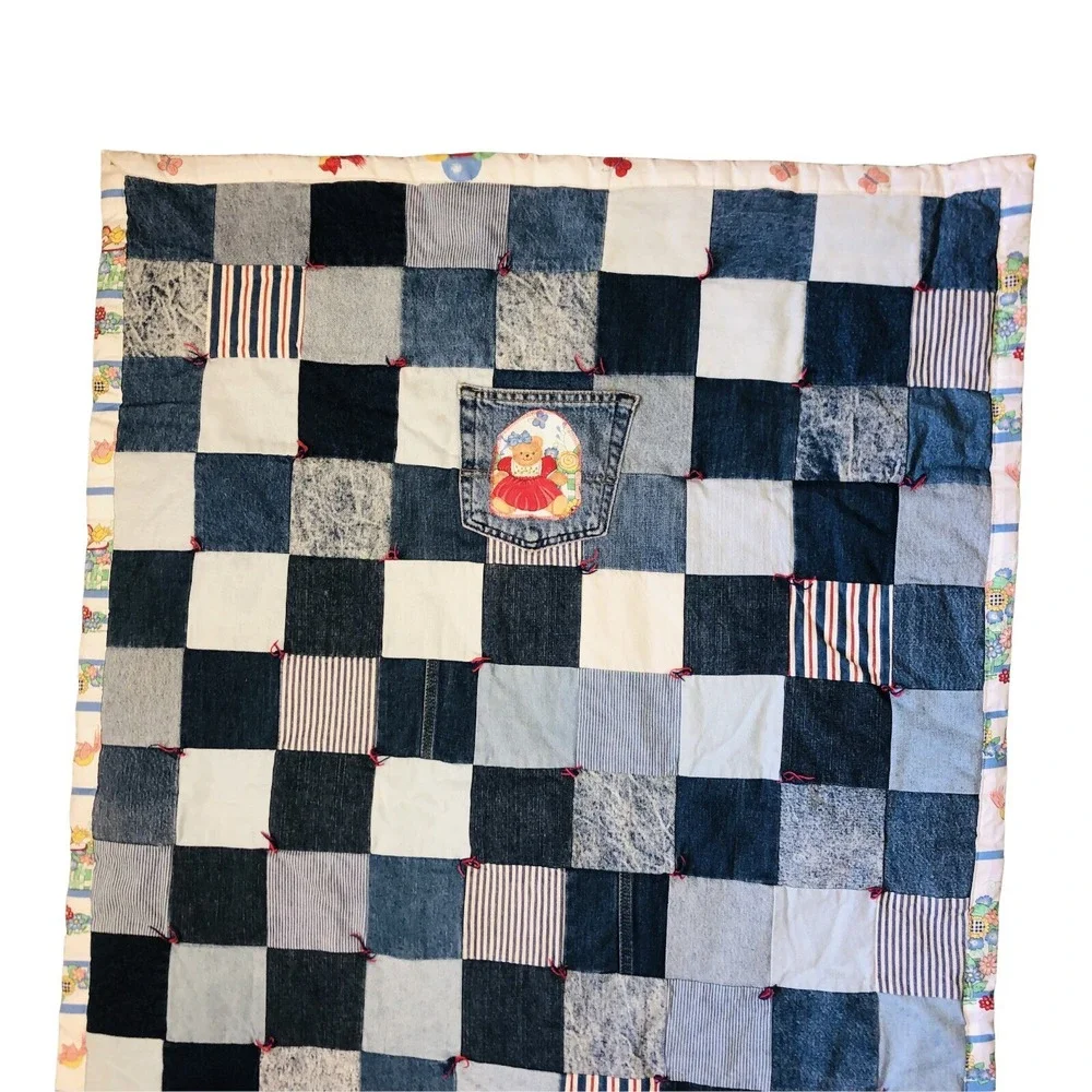 VTG Rag Denim Jean Baby Quilt Blanket 2 Sided Bears Flower Upcycled Handmade